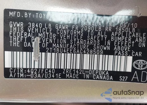 2010 Toyota Corolla Le from USA, damaged, VIN 2T1BU4EE6AC428509